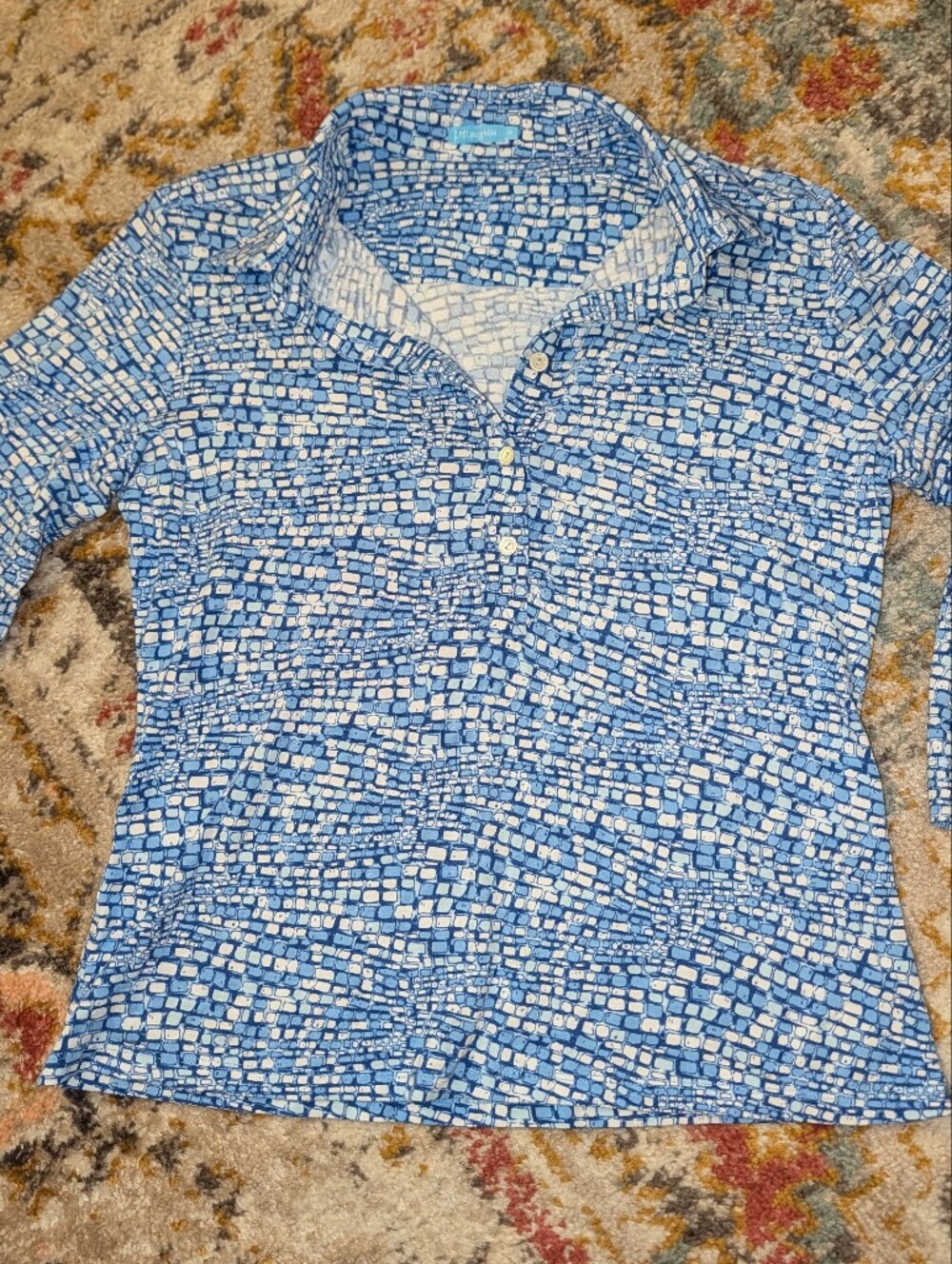 J. McLaughlin Women's Blue and White Long Sleeve Printed Tee Stretch Light